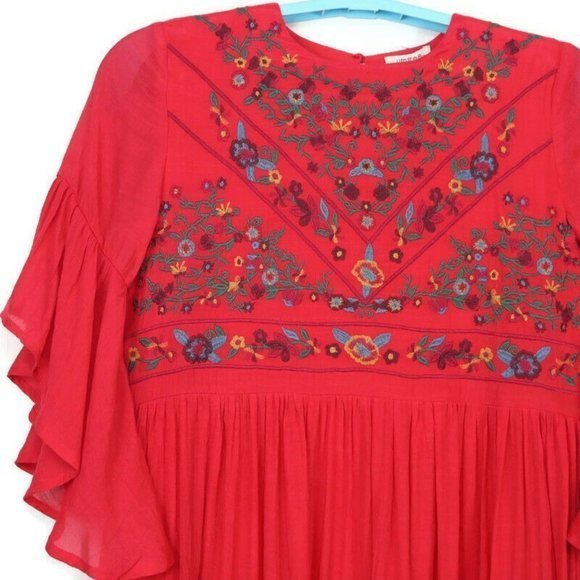 Umgee Boho Babydoll Short‎ Mini Dress Red Floral Embroidered S Small - Picture 10 of 12